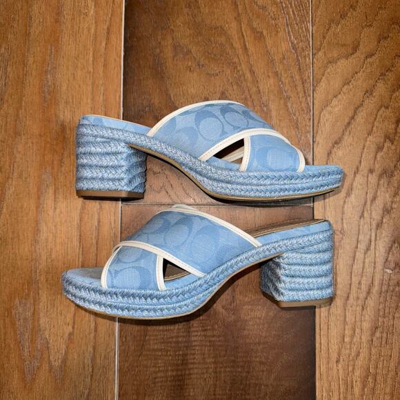 Coach Sloan Signature Espadrille Block Heel Sandals Blue Chambray Size 6 - Picture 3 of 7